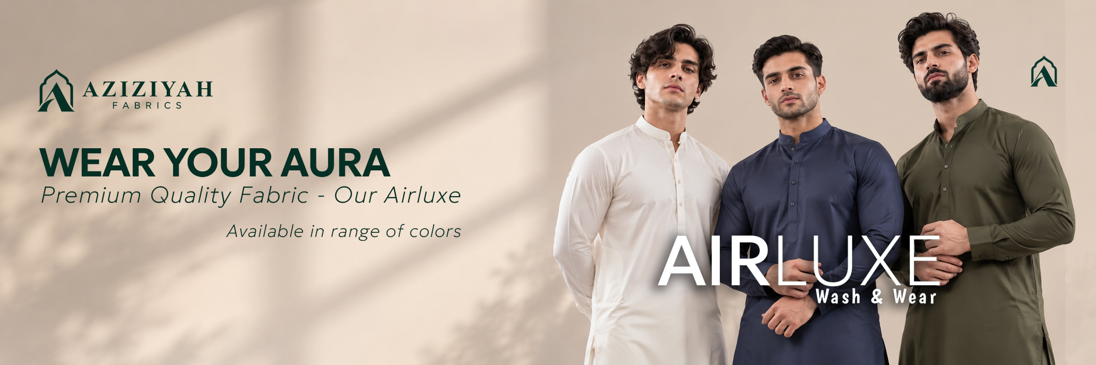 Banner of a website men wearing Airluxe Premium Wash and Wear by Aziziyah Fabrics