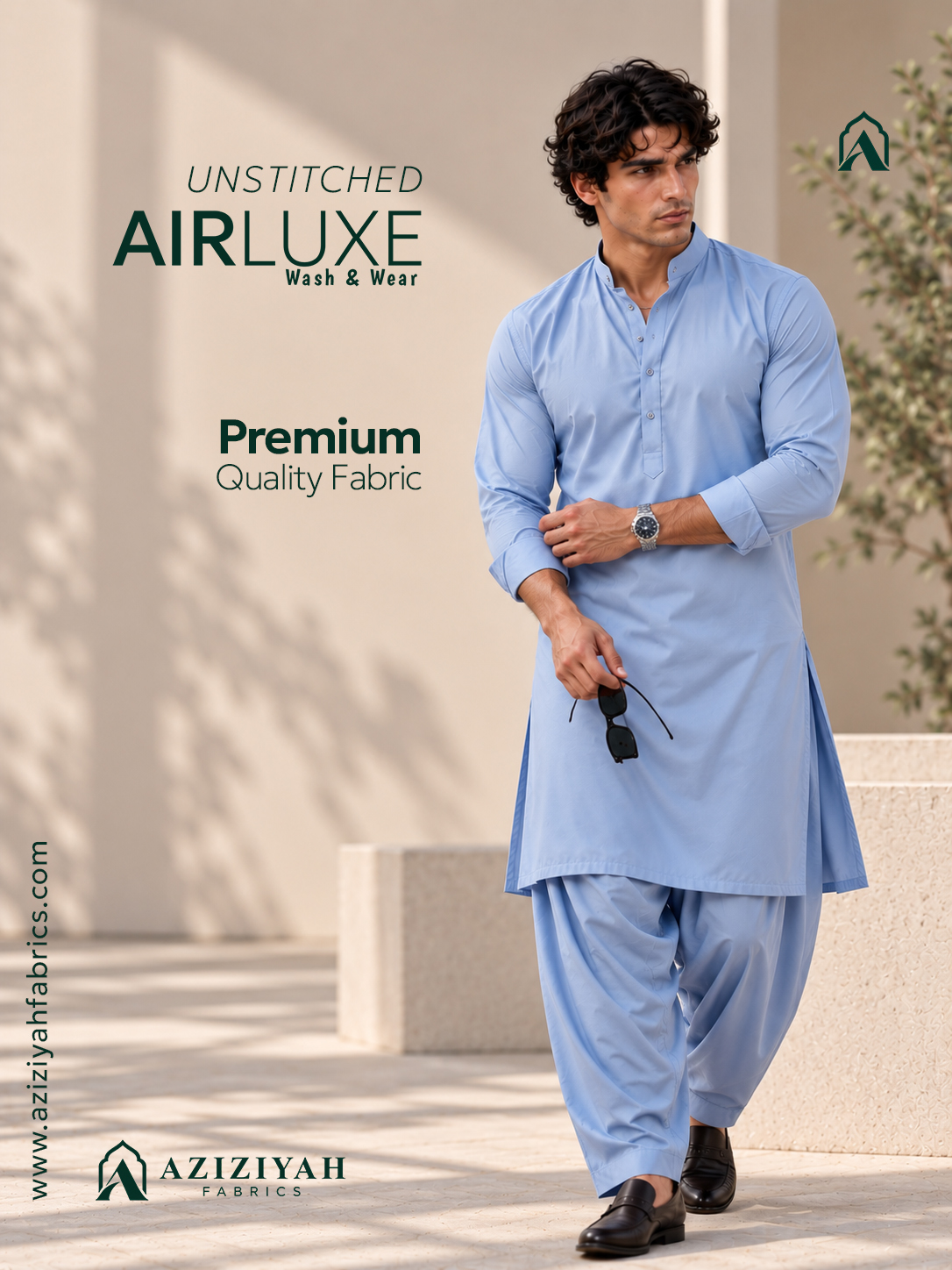 Men wearing premium skyu blue aziziyah fabric shalwar kameez